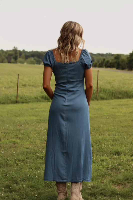 Paint Me Blue Denim Midi Dress- Medium