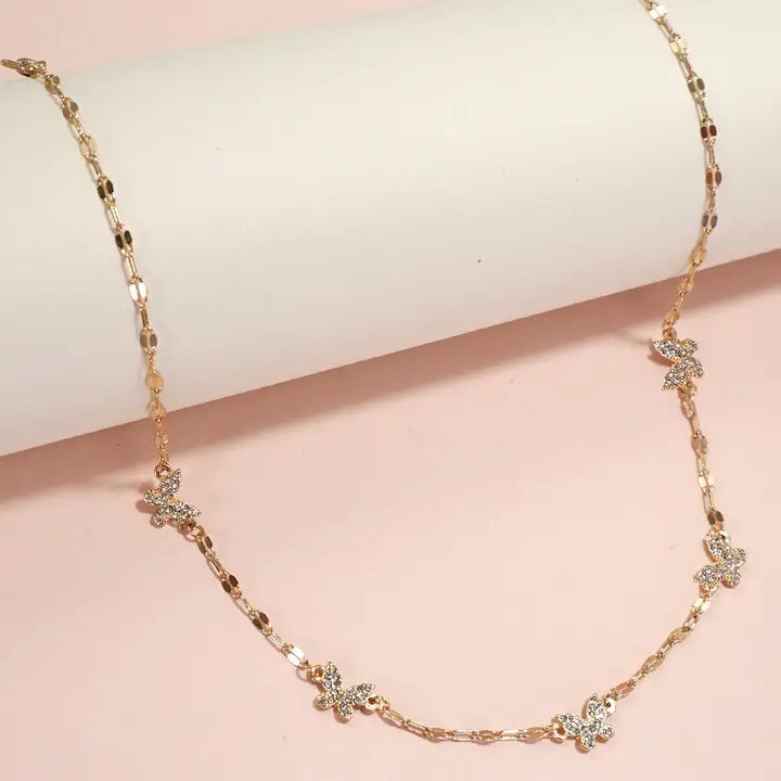 Rhinestone Butterfly Necklace- Gold