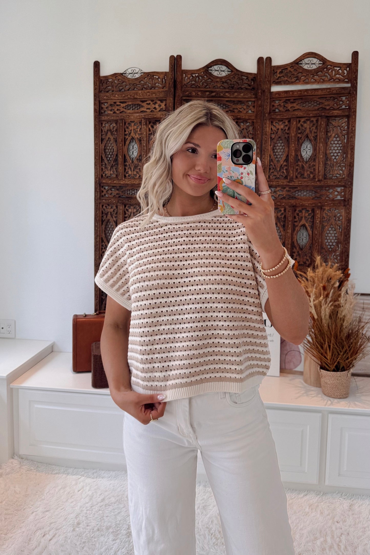 Cocoa Crochet Short Sleeve Sweater- Khaki