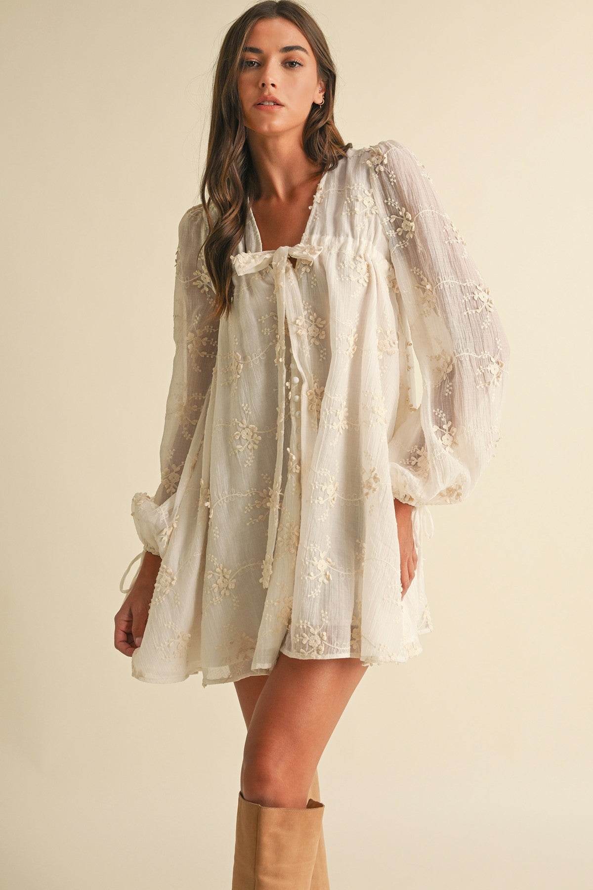Lily Embroidered Long Sleeve Dress- Ivory