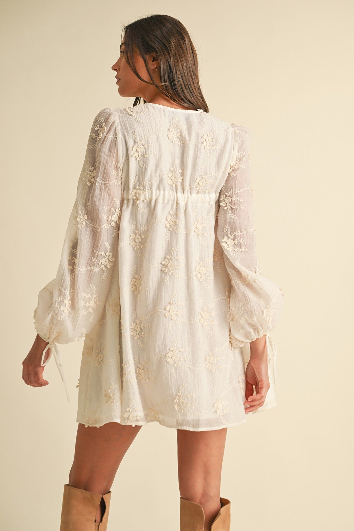 Lily Embroidered Long Sleeve Dress- Ivory