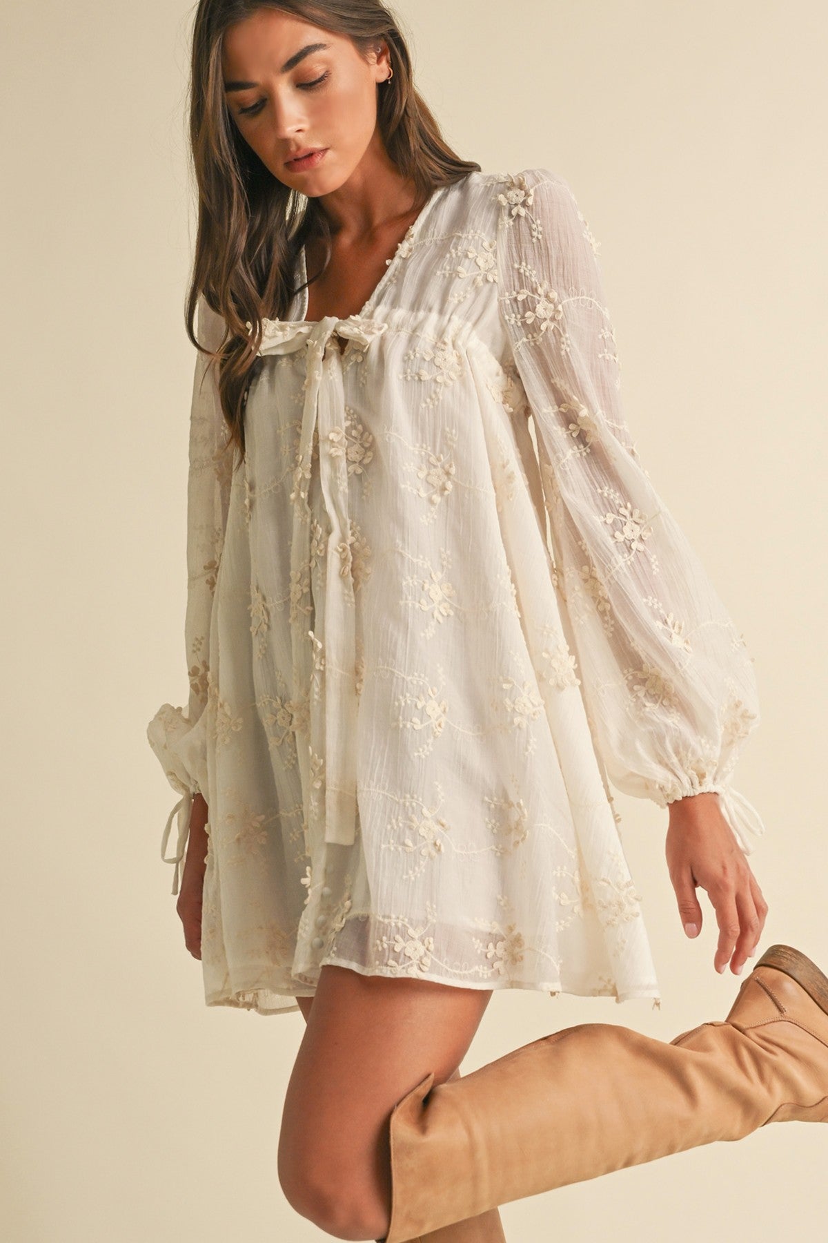 Lily Embroidered Long Sleeve Dress- Ivory