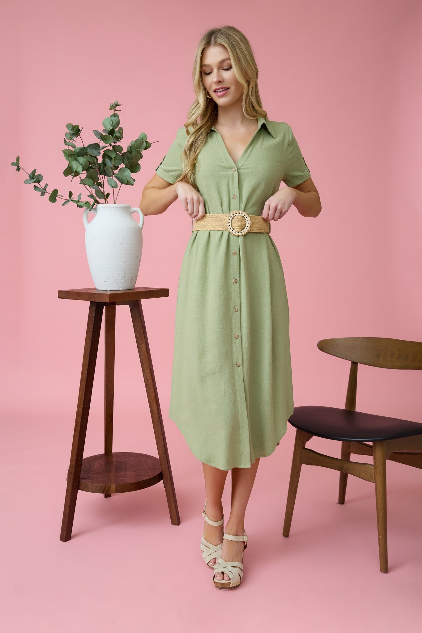 Pistachio Collared Belted Midi Dress- Olive