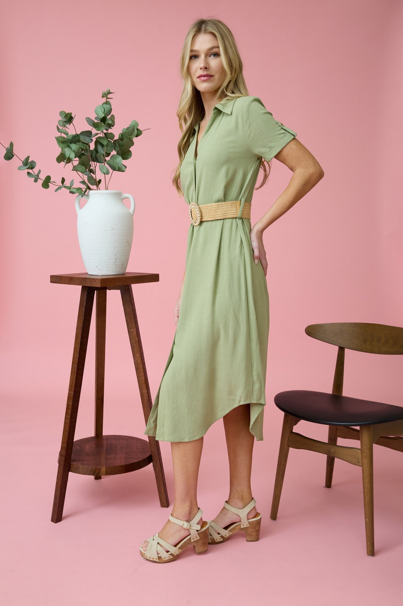 Pistachio Collared Belted Midi Dress- Olive