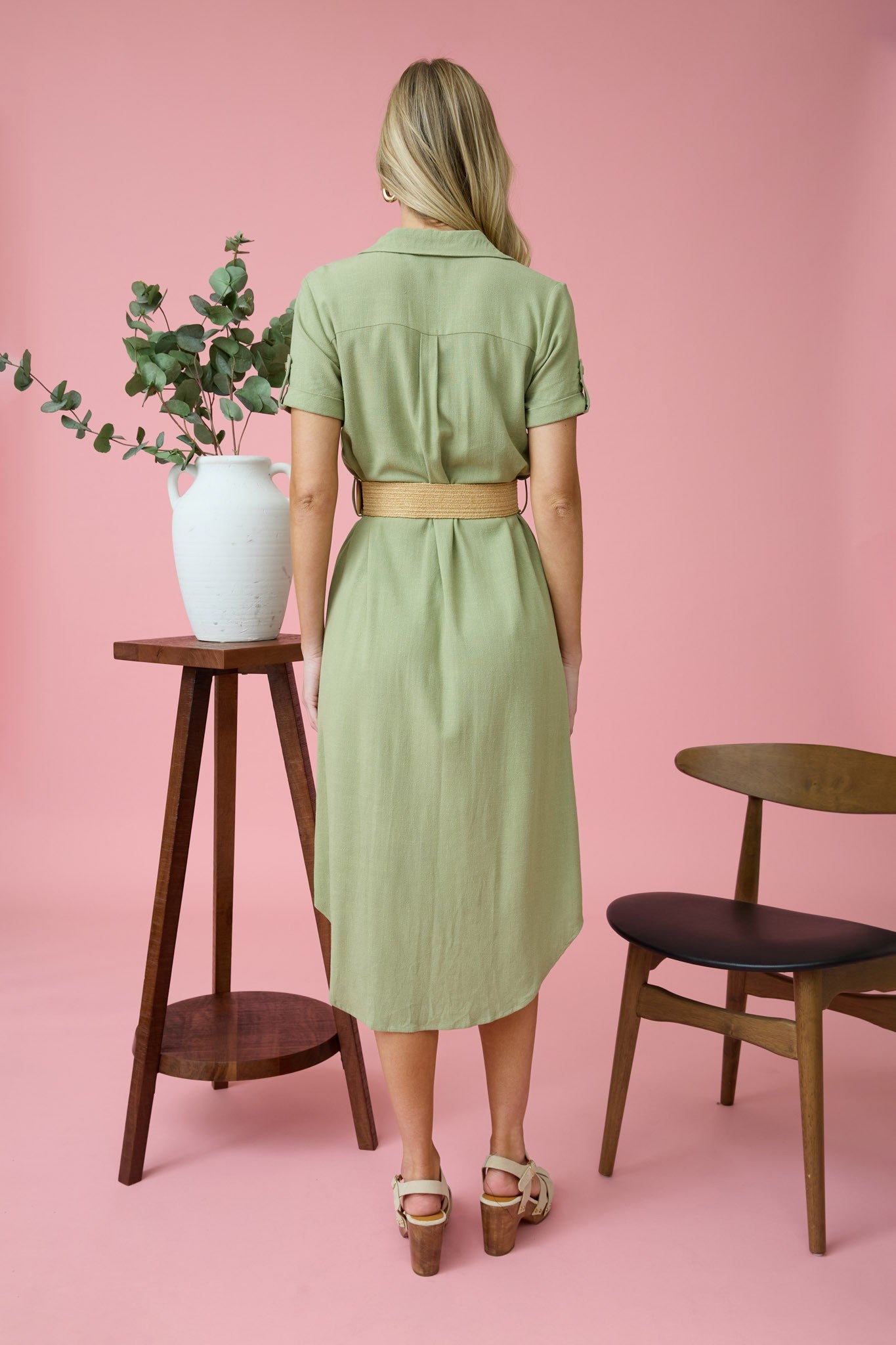 Pistachio Collared Belted Midi Dress- Olive