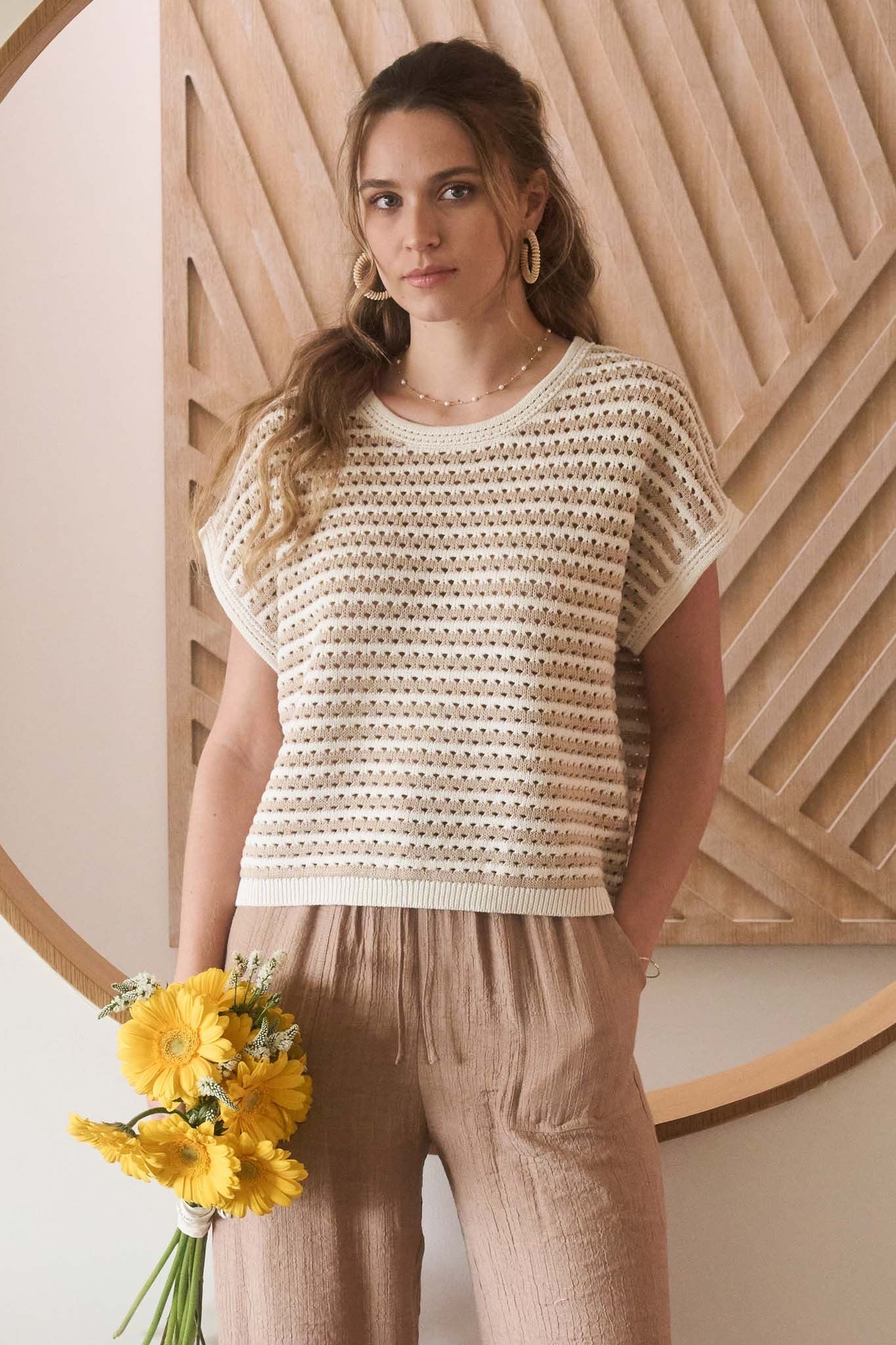 Cocoa Crochet Short Sleeve Sweater- Khaki