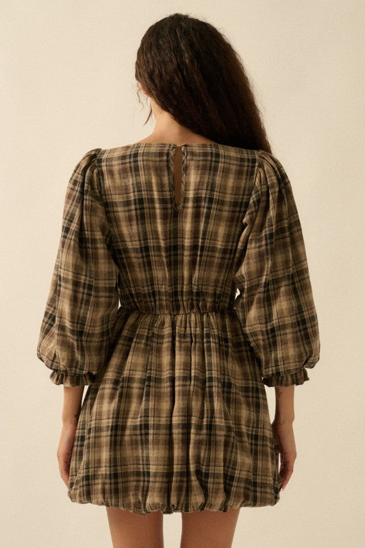 Lakyn Plaid & Lace Bubble Dress- Sand