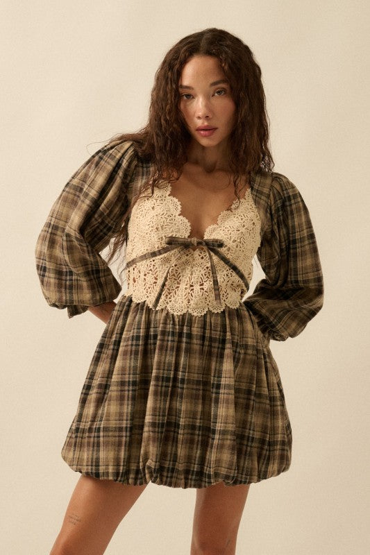 Lakyn Plaid & Lace Bubble Dress- Sand