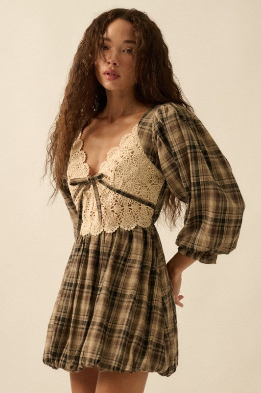 Lakyn Plaid & Lace Bubble Dress- Sand
