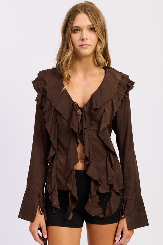TIE FRONT RUFFLED TOP – Wandering Rhodes Boutique