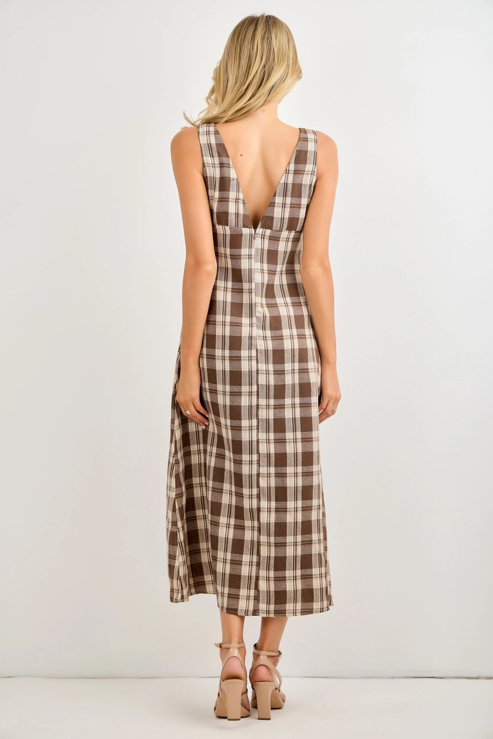 The Bailey Plaid V-Neck Midi Dress- Brown