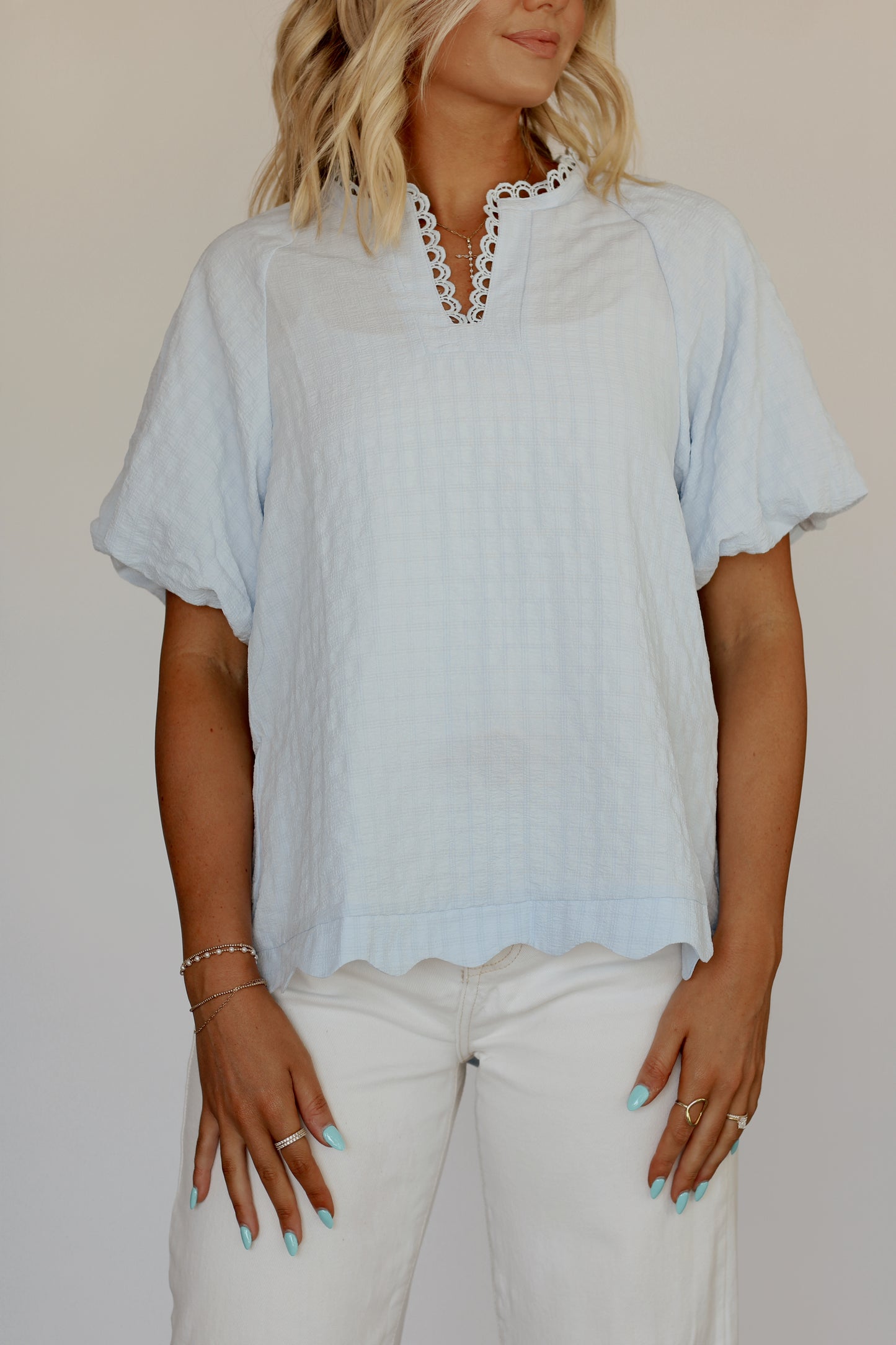 Sky Scalloped Blouse- Light Blue