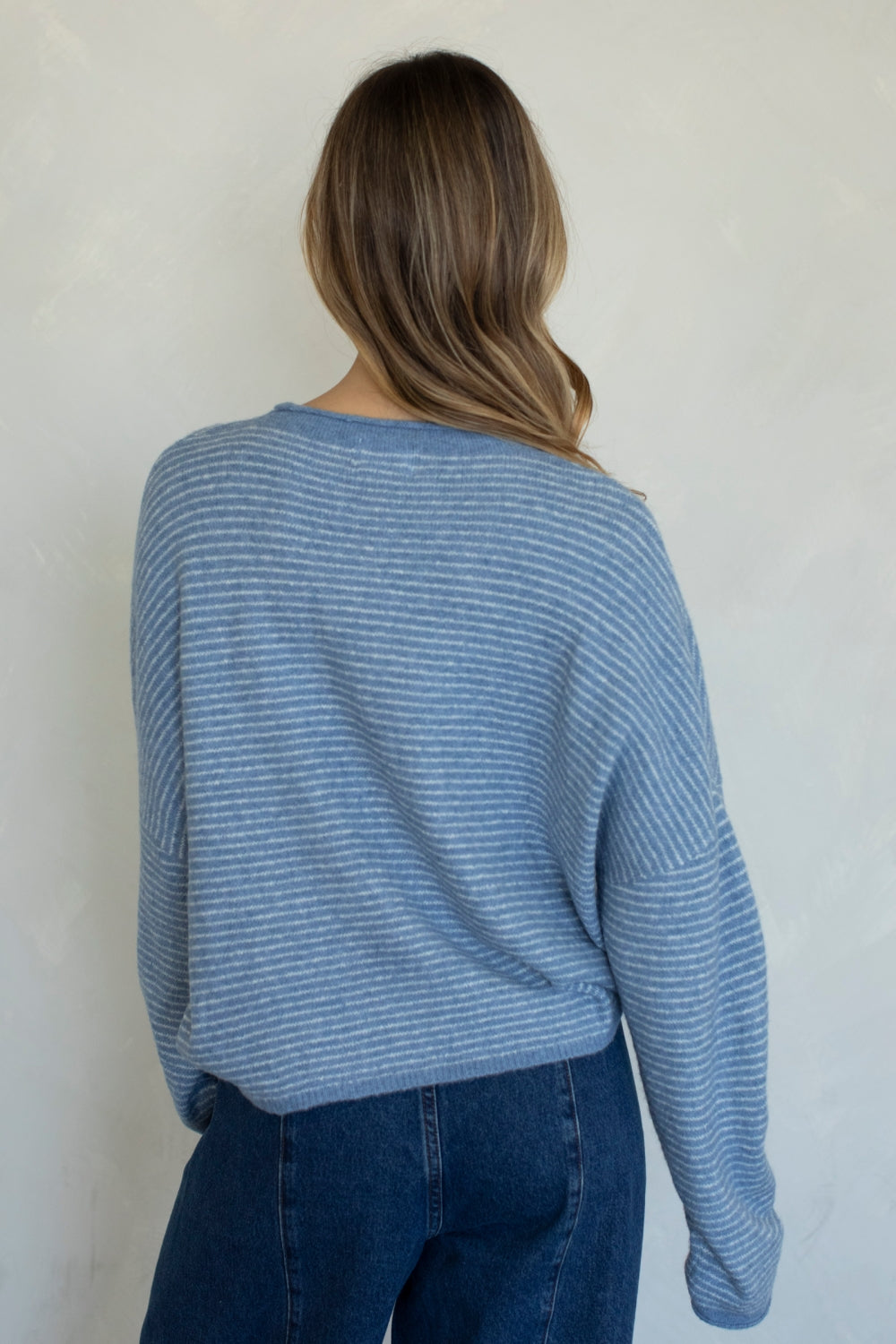 Haven Cardigan- Dusty Blue Pinstripe