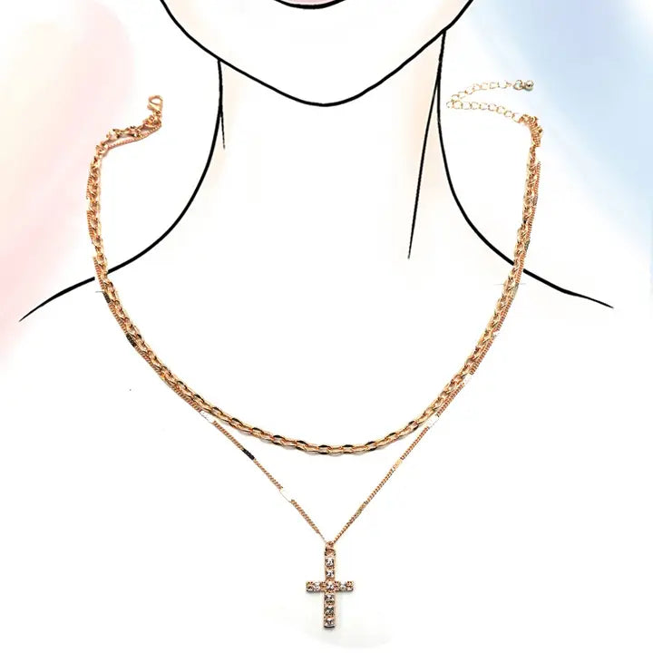 Double Layer Rhinestone Cross Necklace- Gold