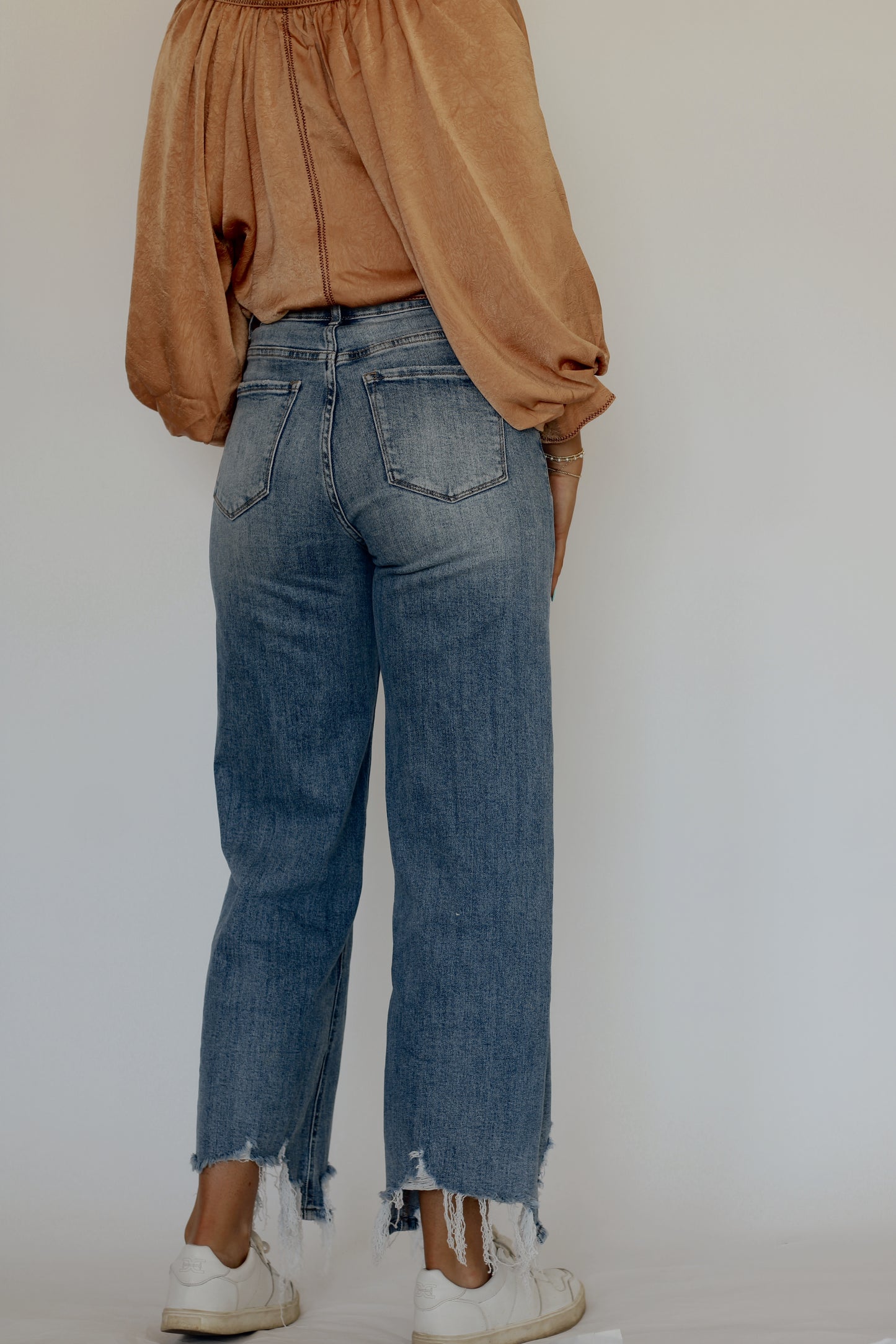 Betsy Asymmetrical Distressed Jeans- Denim Blue