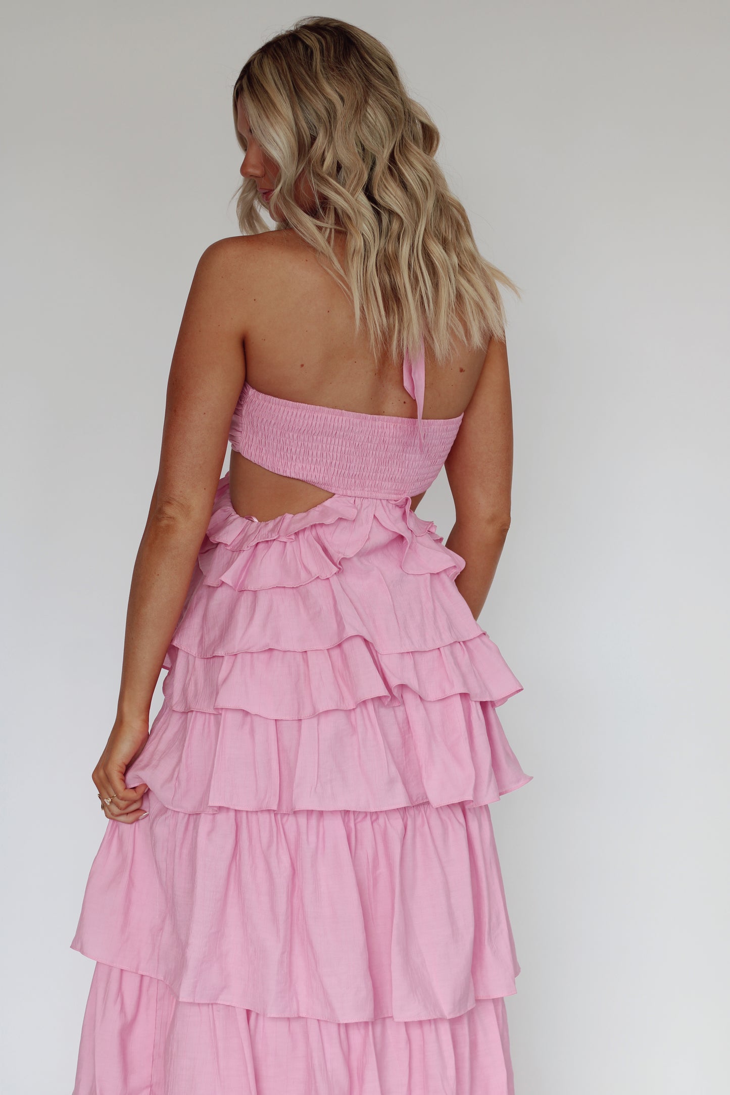 Sandals Rosette Halter Maxi Dress- Pink
