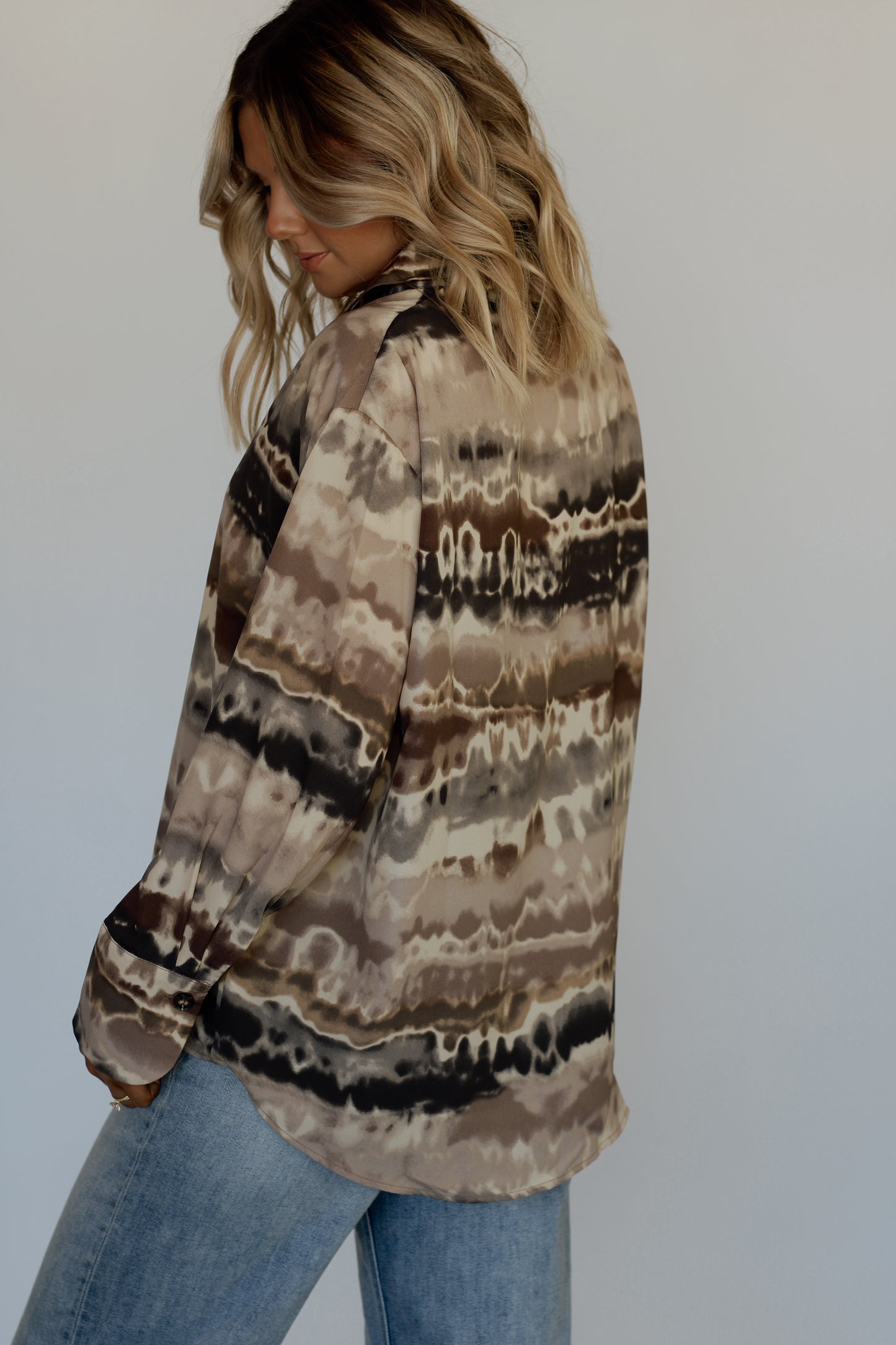 Britt Button Down Abstract Shirt- Brown