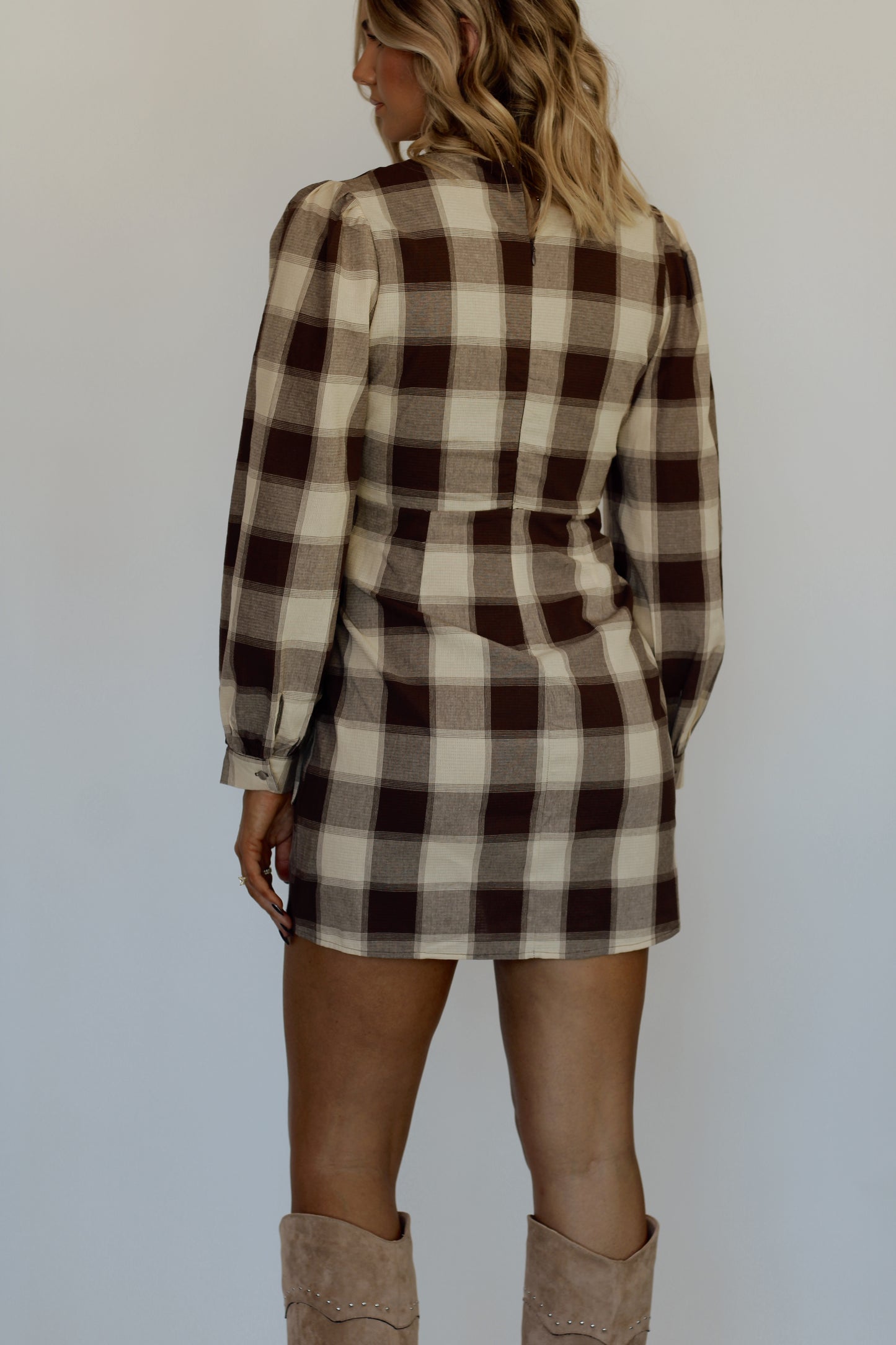 Devin Wrap Plaid Mini Dress- Brown