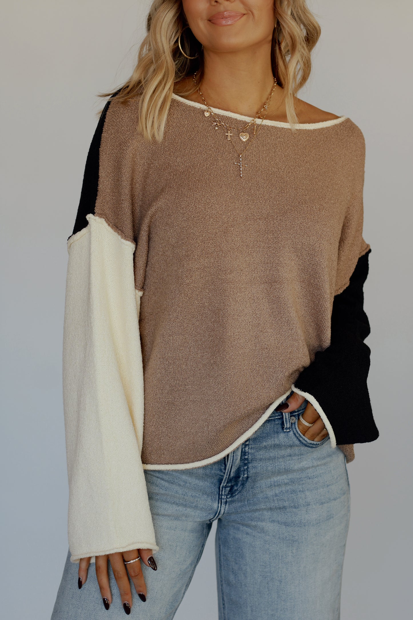 Caroline Colorblock Sweater- Taupe/Black