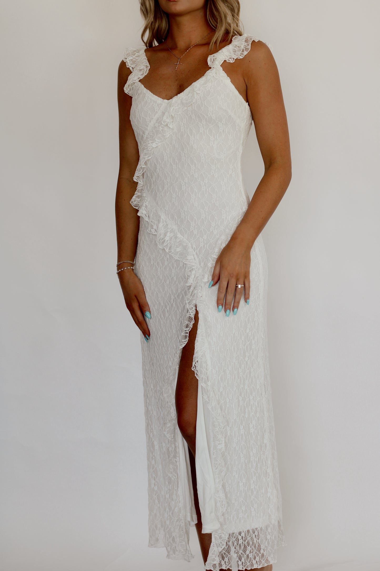 Always & Forever Ruffle Lace Dress- White