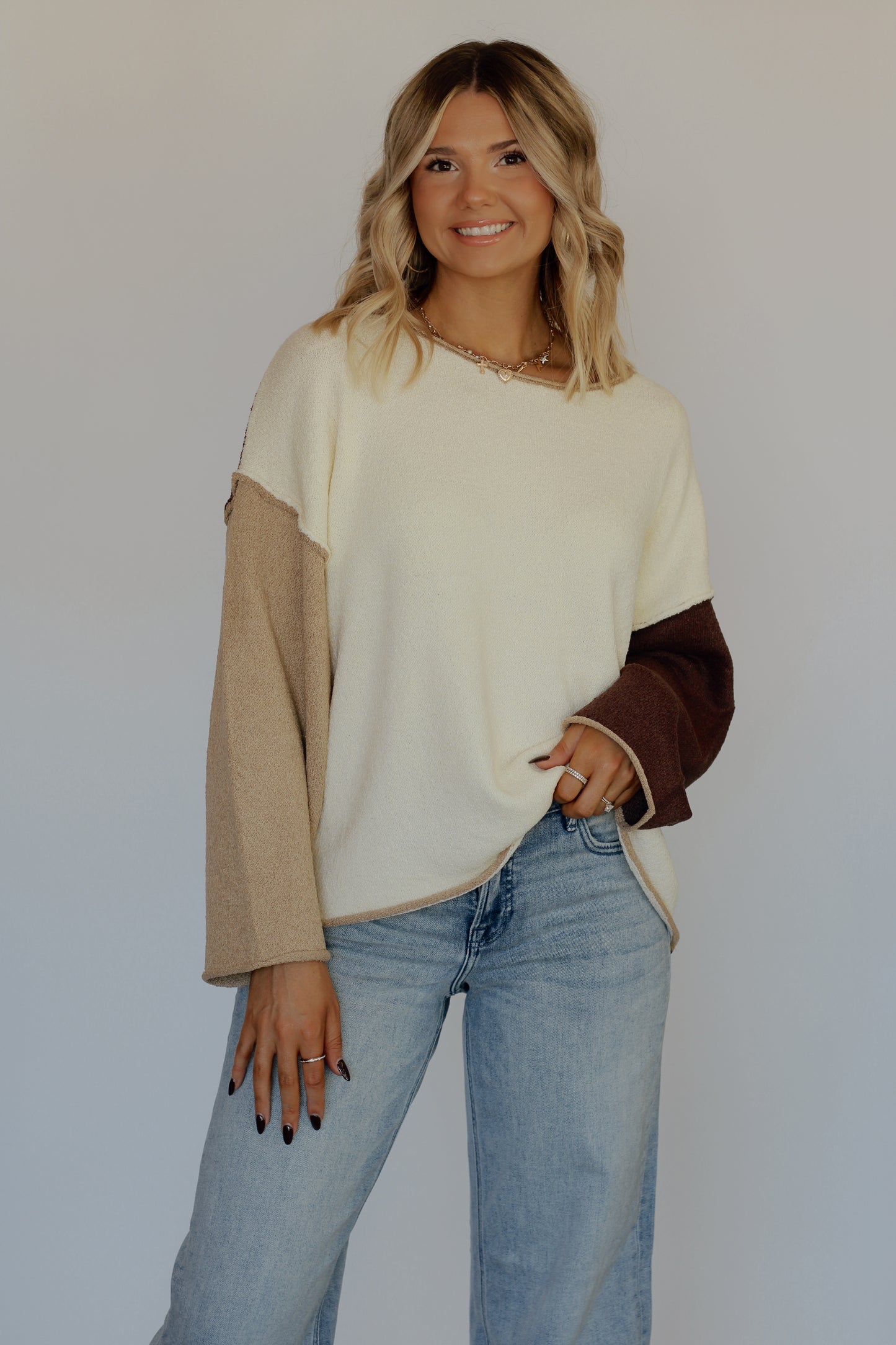 Caroline Colorblock Sweater- Cream/Brown