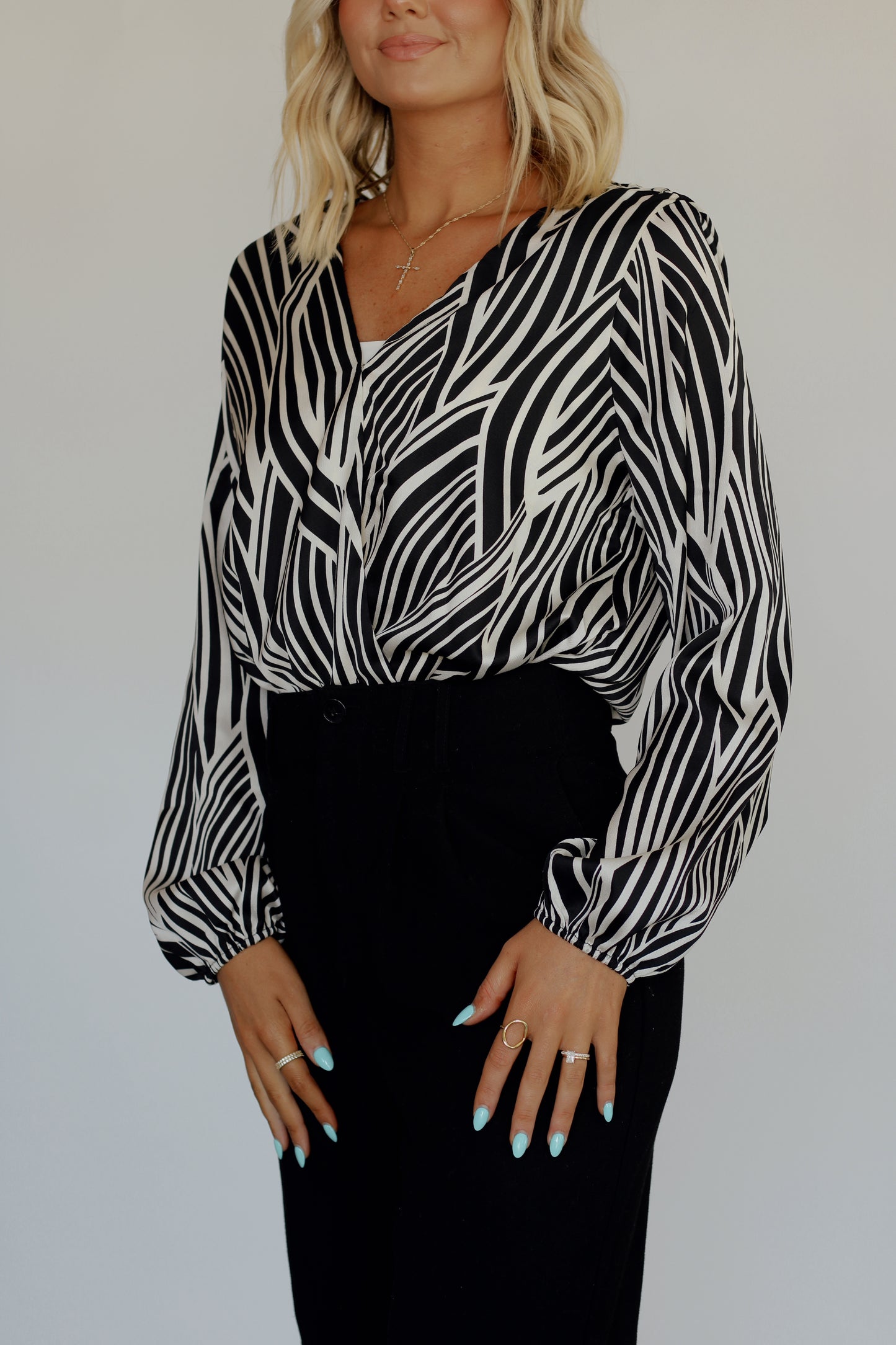 Katy Surplice Bodysuit- Black/White