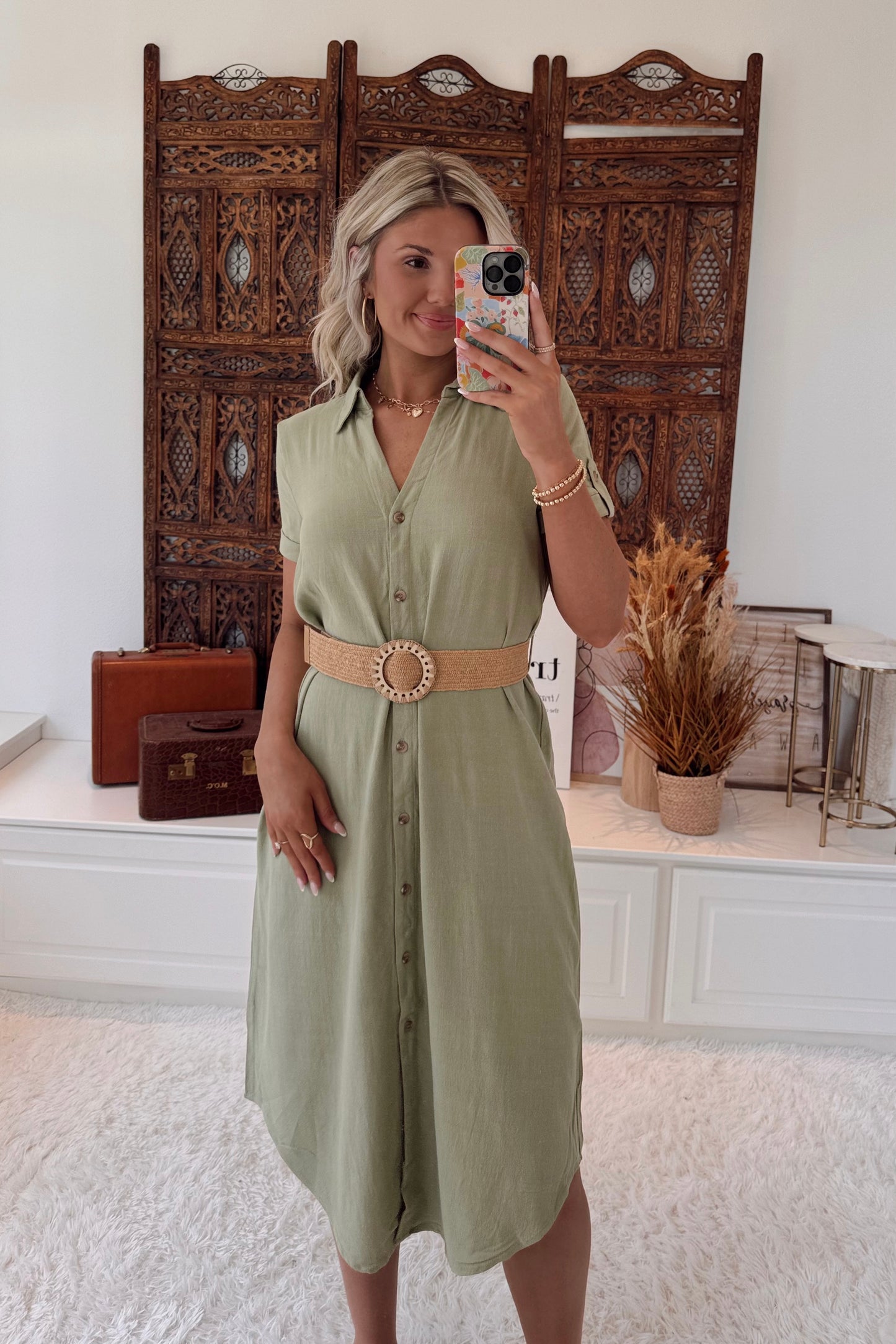 Pistachio Collared Belted Midi Dress- Olive