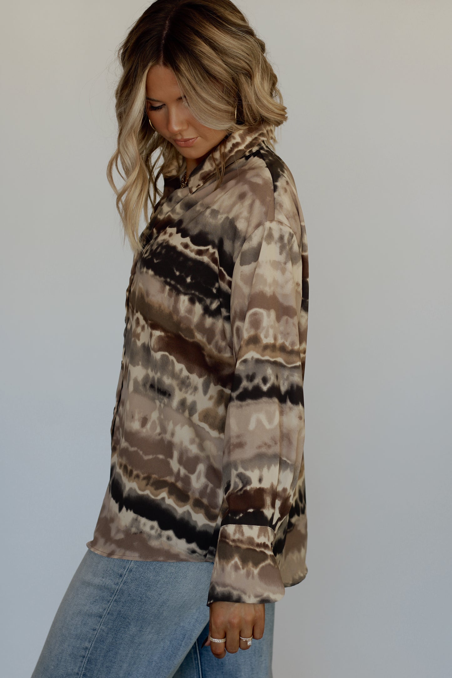 Britt Button Down Abstract Shirt- Brown