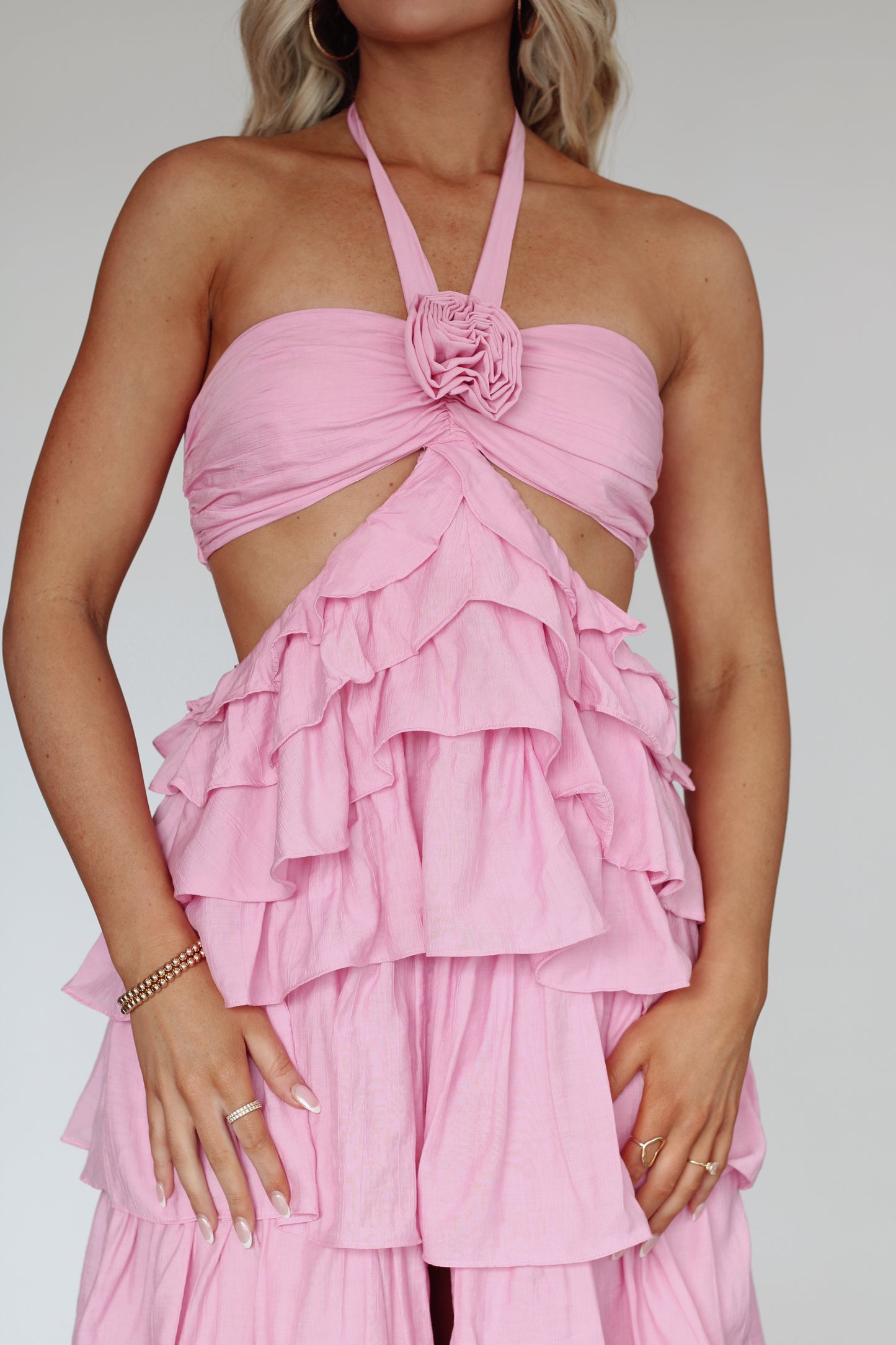 Sandals Rosette Halter Maxi Dress- Pink