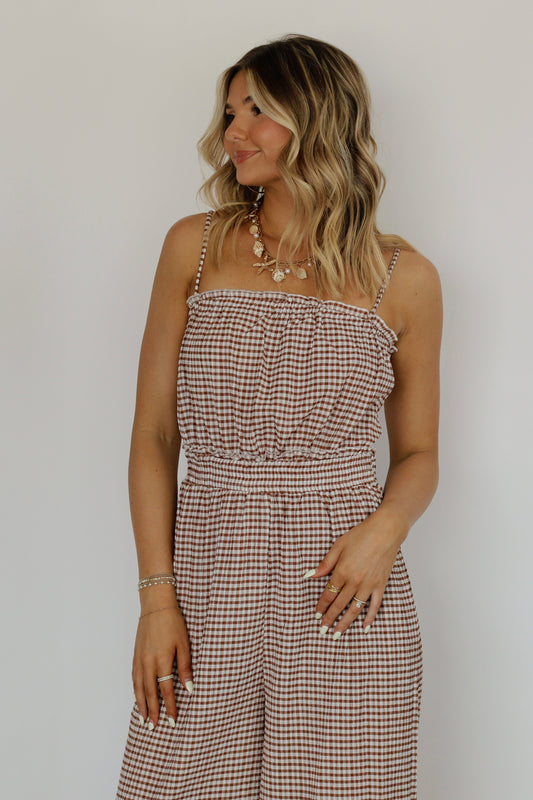 Driftwood Gingham Jumpsuit- Brown
