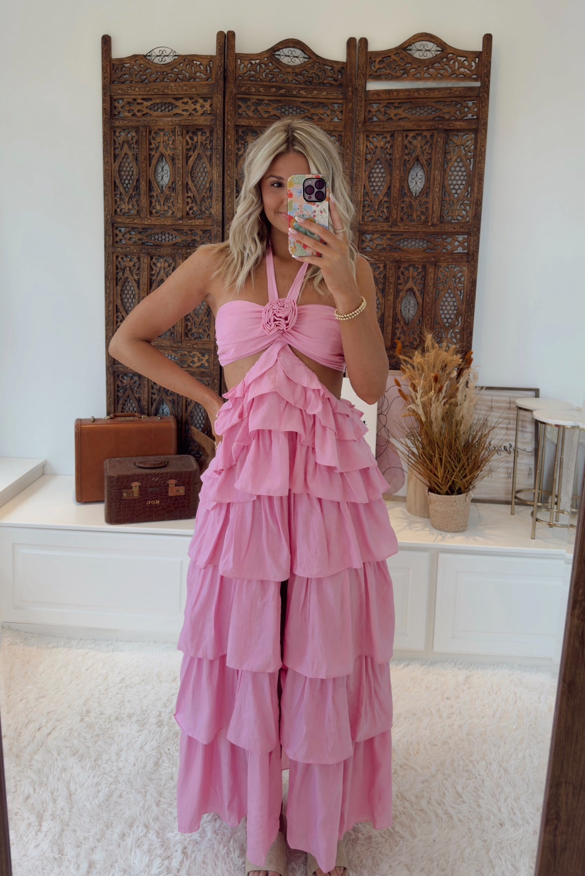 Sandals Rosette Halter Maxi Dress- Pink