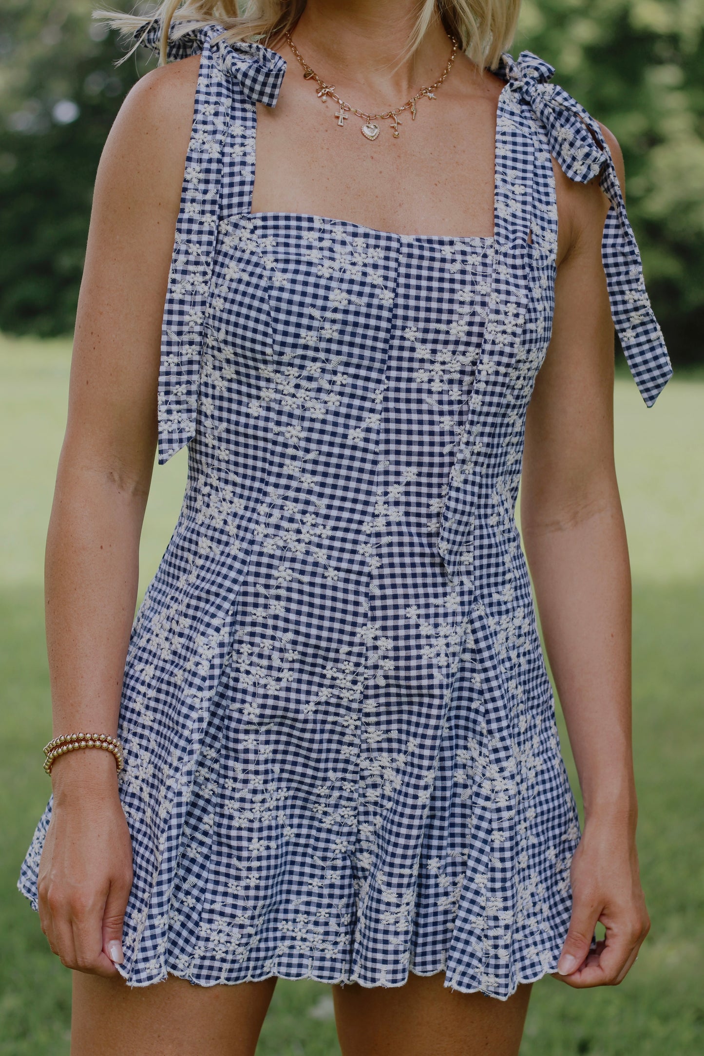Prairie Petals Gingham Romper- Navy