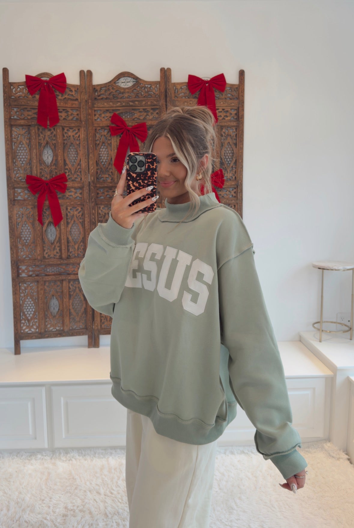 JESUS Embroidered Mock Neck Sweatshirt- Sage