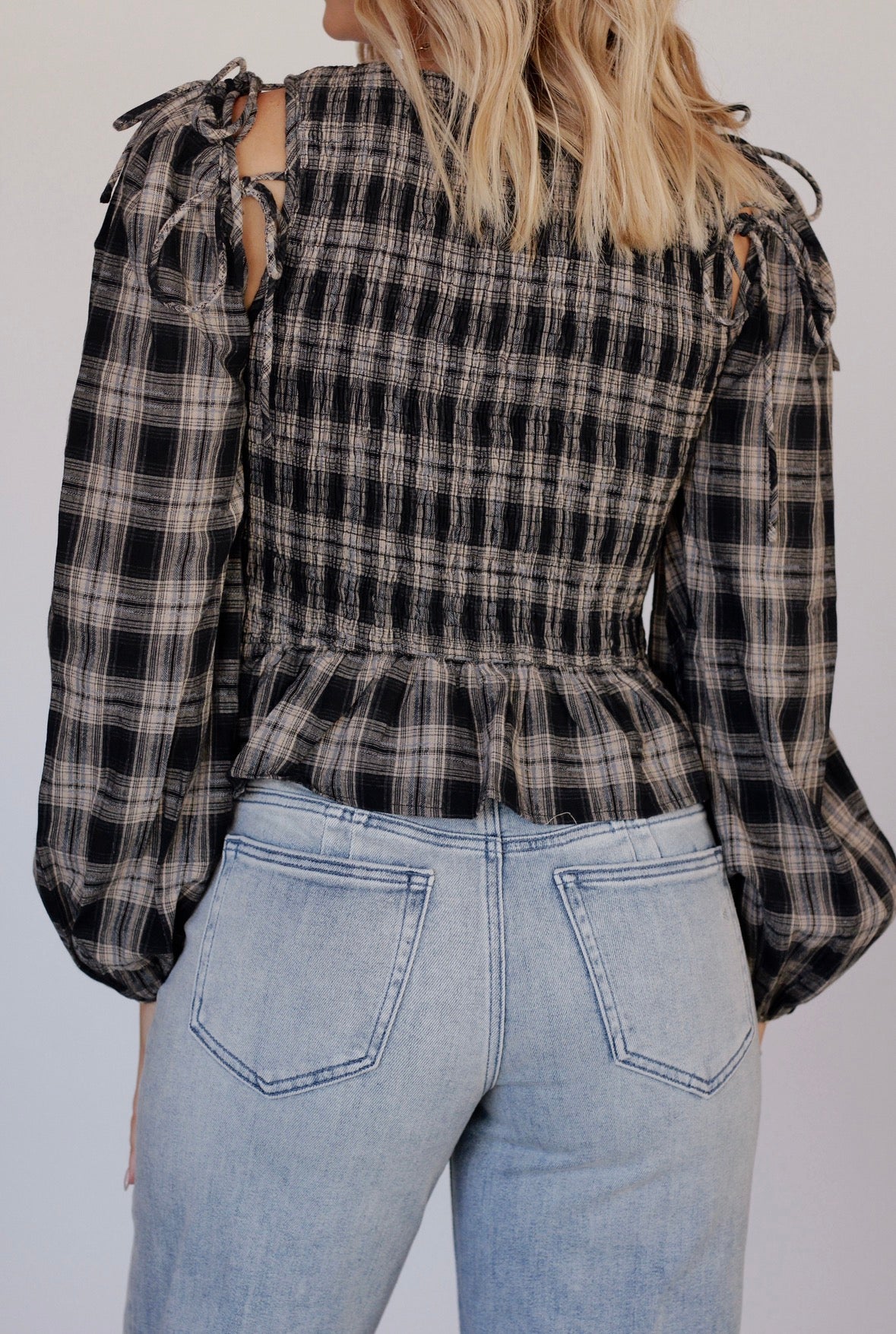 Sarah Smocked Plaid Top- Black