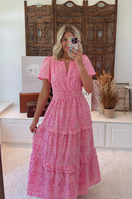 Hannah Floral Eyelet Maxi Dress- Fuchsia
