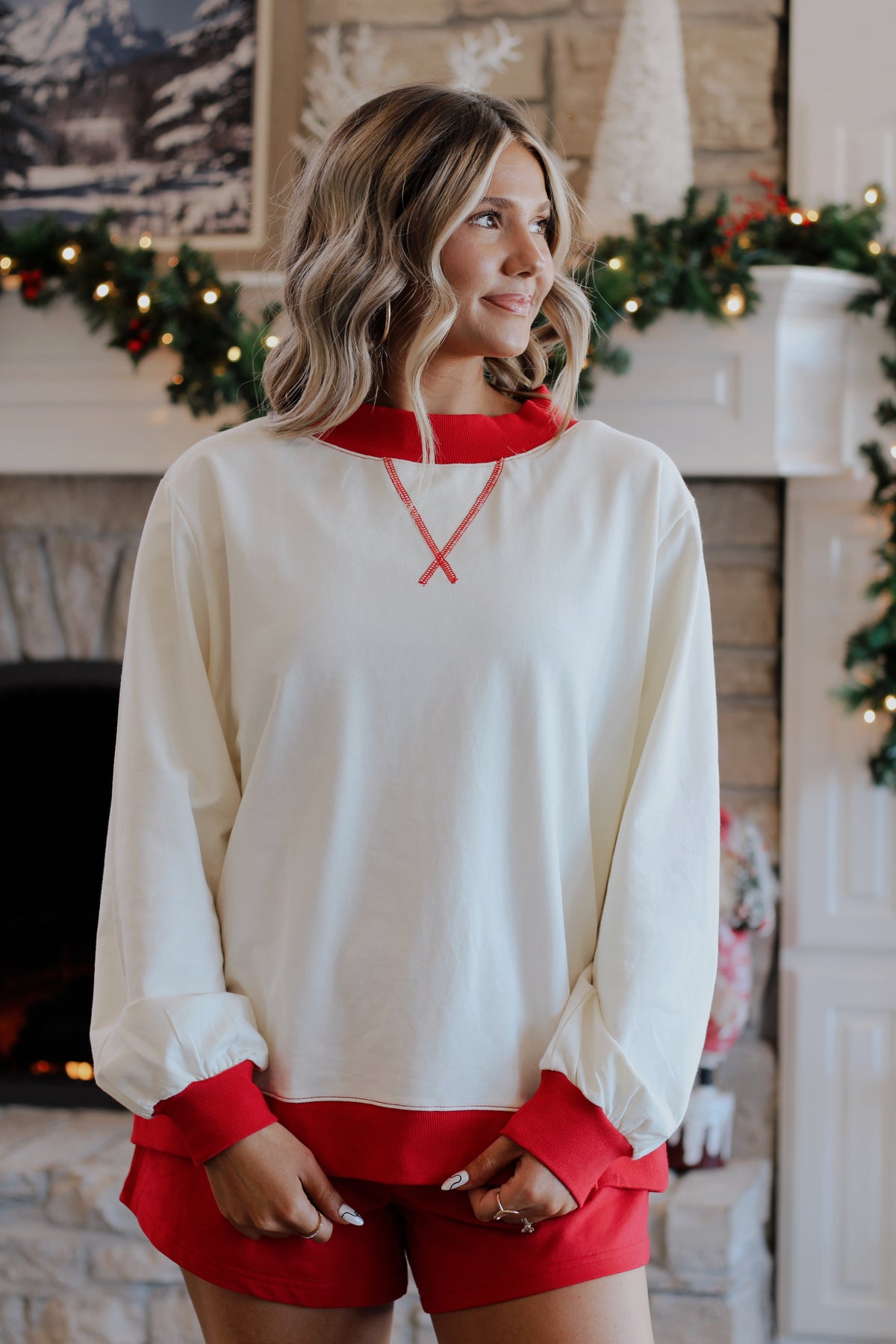Peppermint Cream Mockneck Set- Cream/Red
