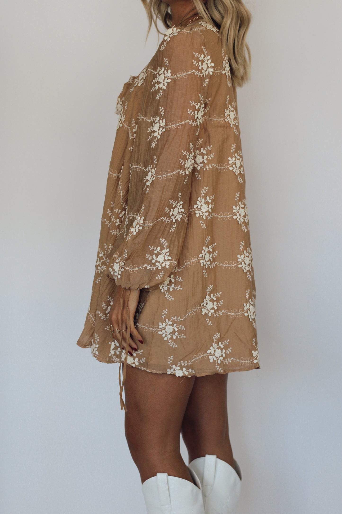Lily Embroidered Long Sleeve Dress- Mocha