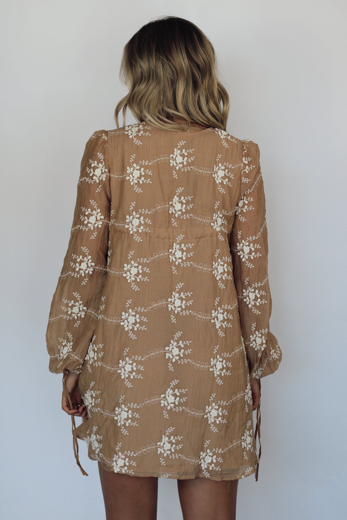 Lily Embroidered Long Sleeve Dress- Mocha