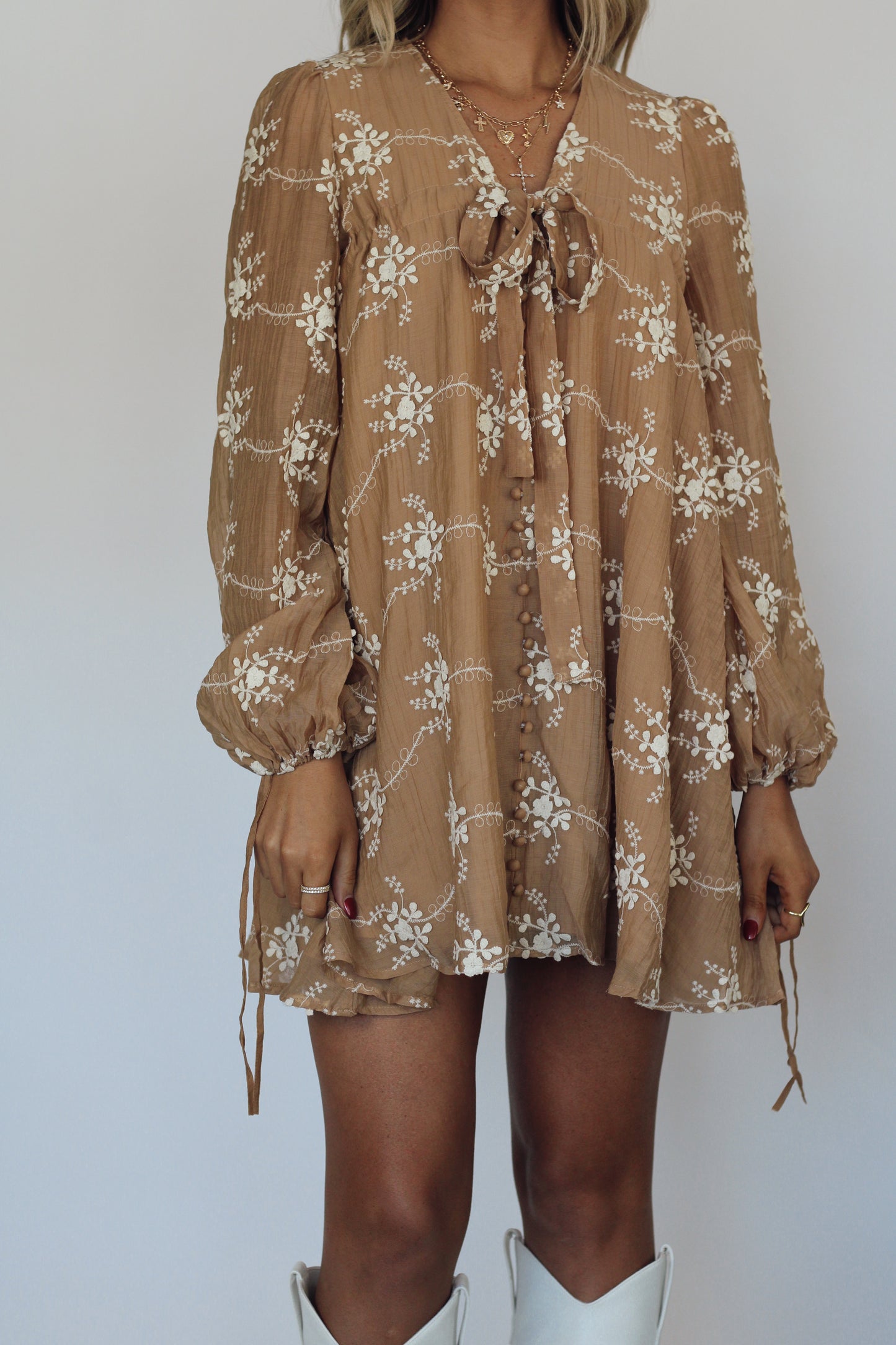 Lily Embroidered Long Sleeve Dress- Mocha