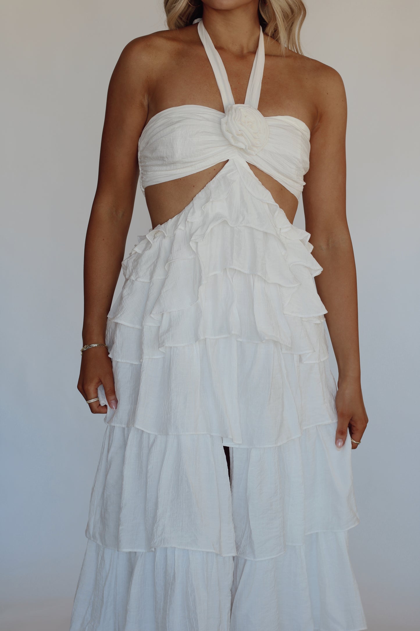 Sandals Rosette Halter Maxi Dress- White