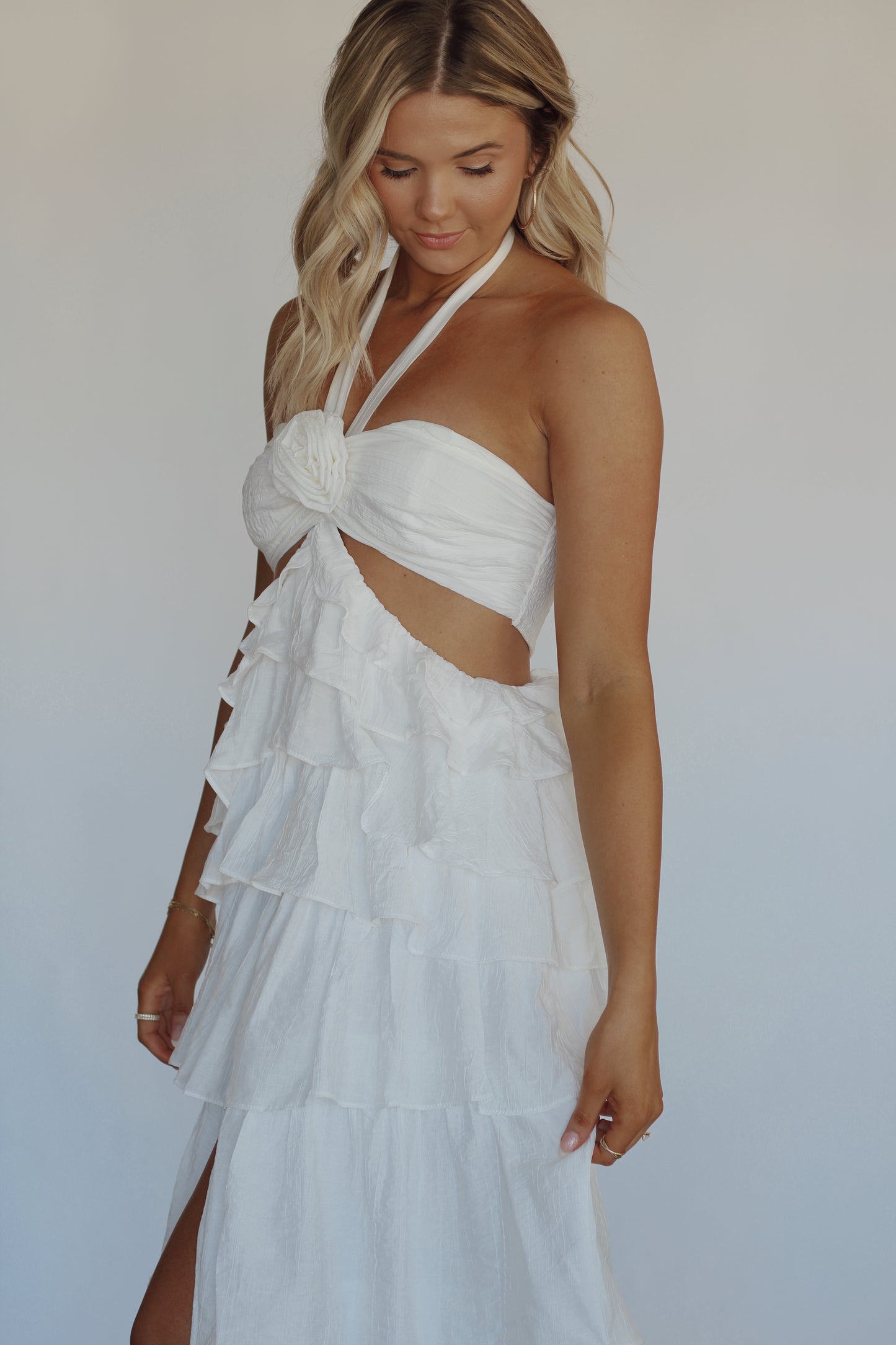 Sandals Rosette Halter Maxi Dress- White