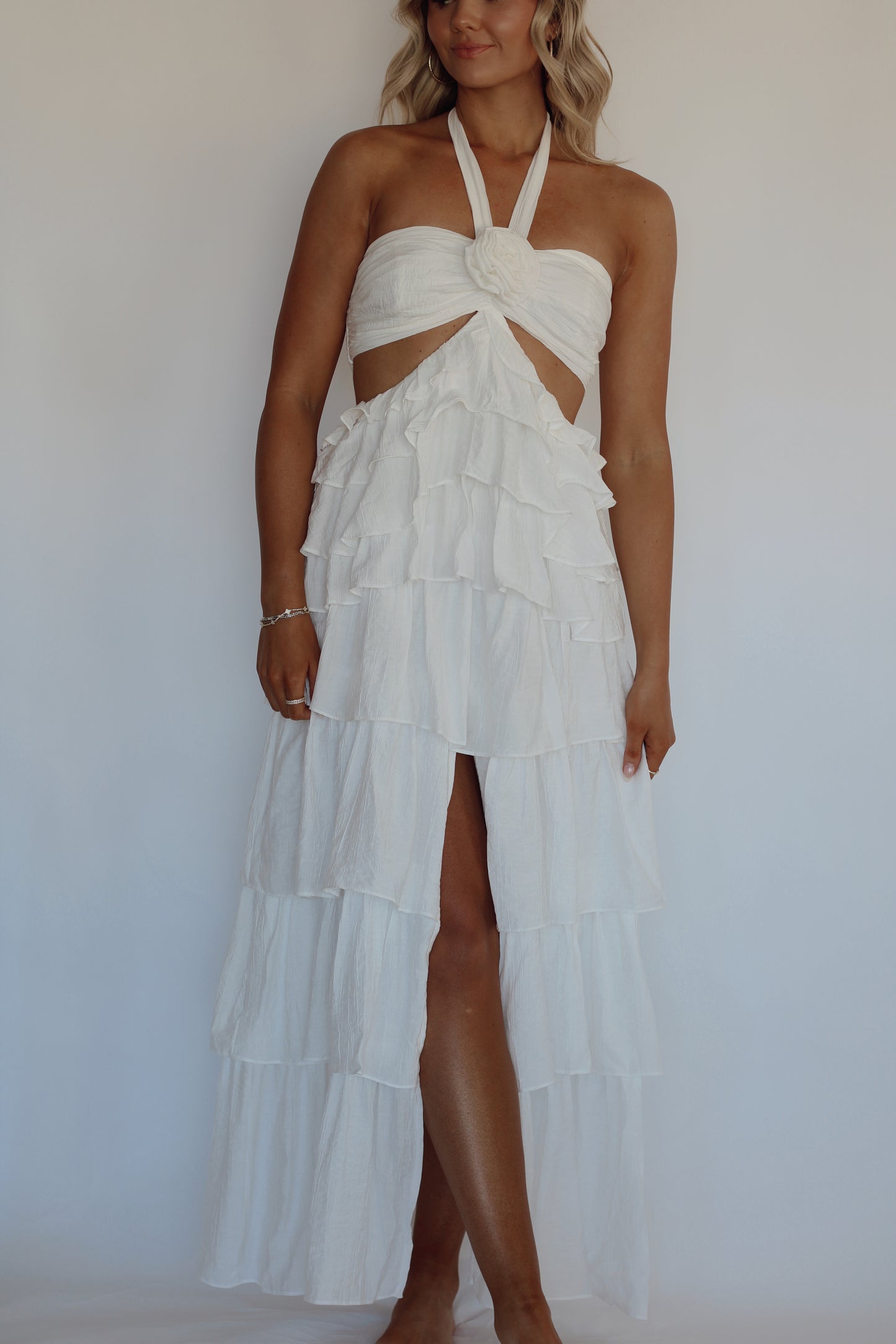 Sandals Rosette Halter Maxi Dress- White