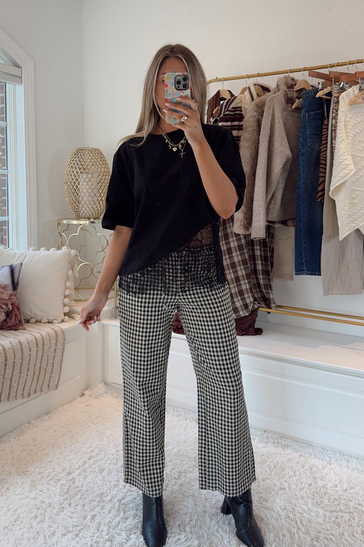 The Gabrielle Gingham Pants- Black/Taupe