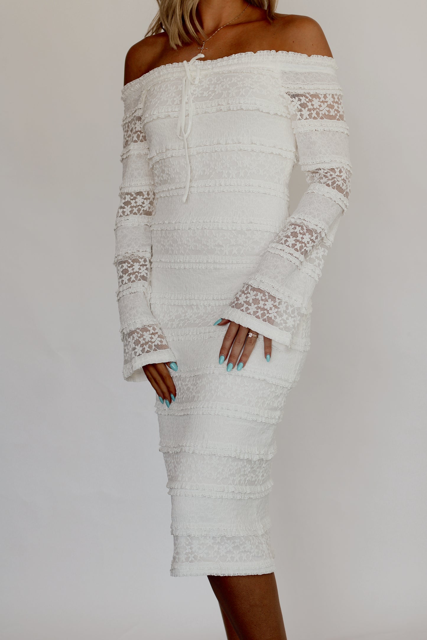 Showered With Love Lace Off Shoulder Dress- White