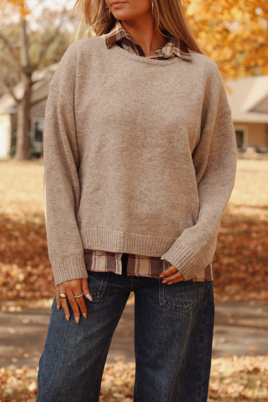 The Alyssa Plaid Button Down Layered Sweater- Taupe