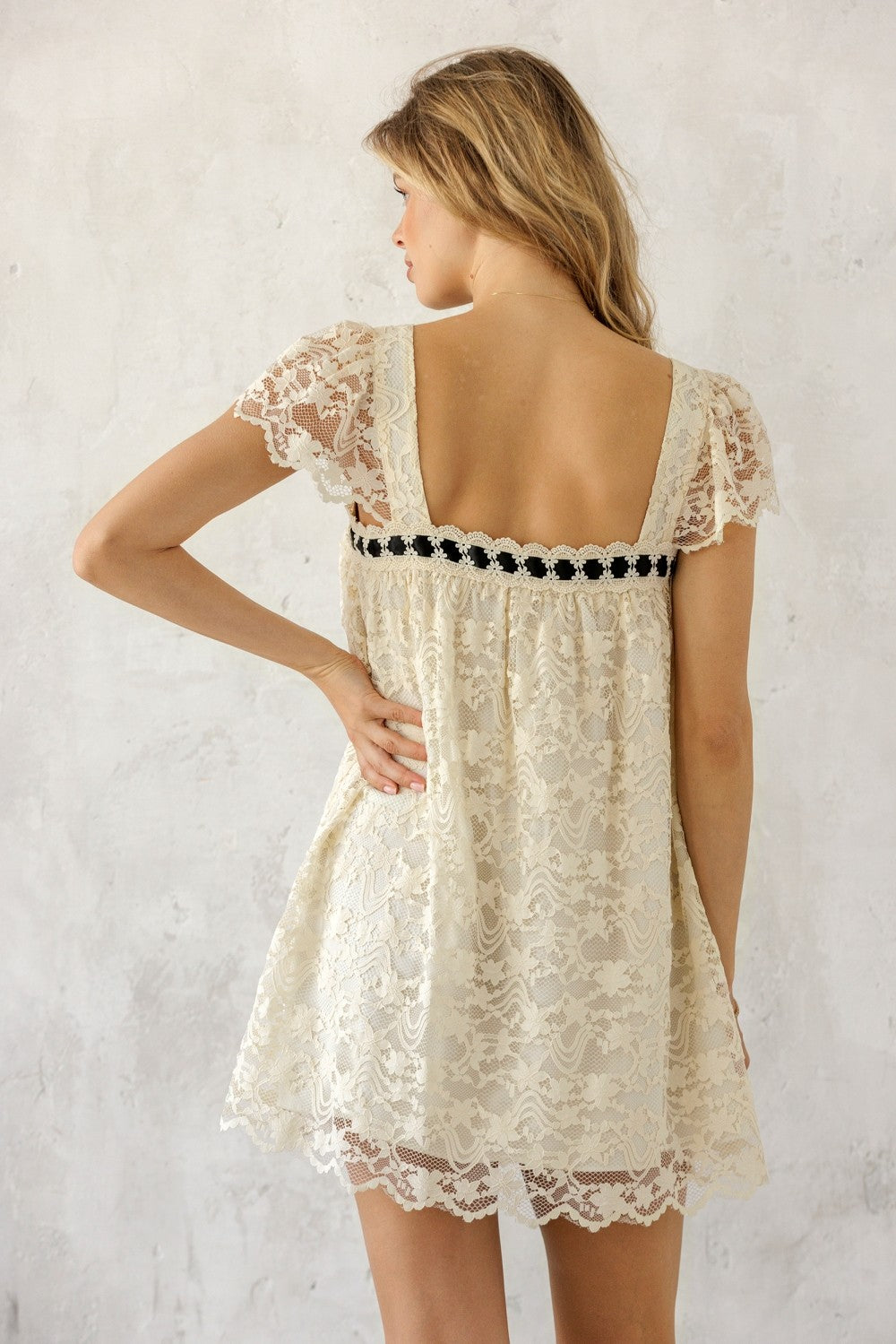 Ribbon and Lace Mini Dress- Cream/Black