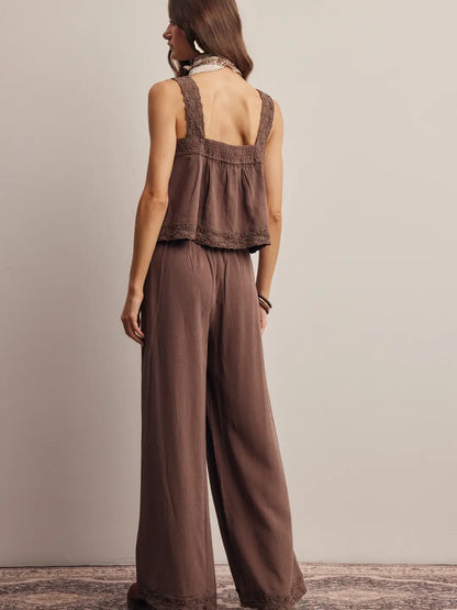 Miss Lingus Embroidered Pant Set- Brown