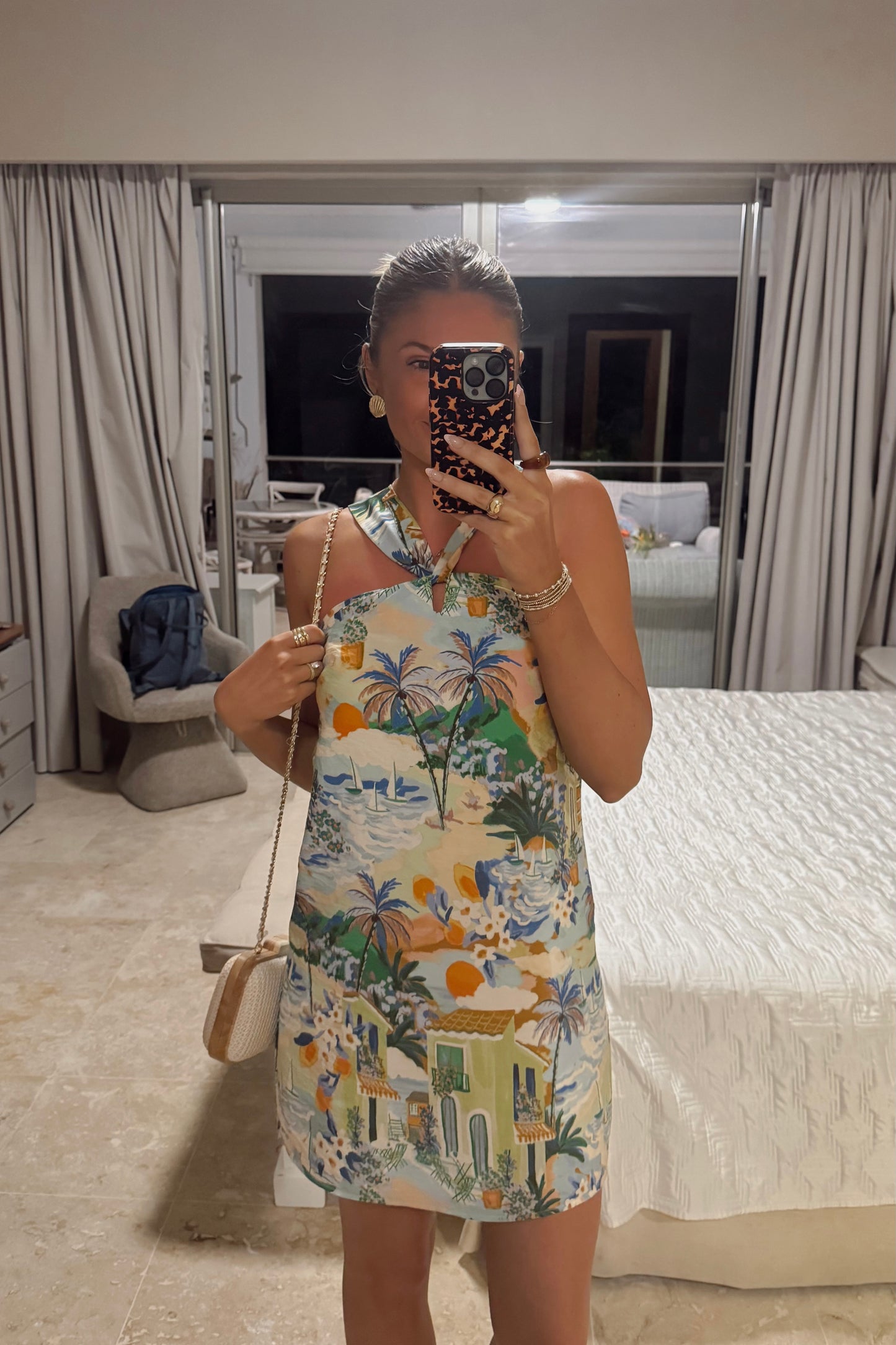 Golden Tide Halter Mini Dress- Caribbean Blues