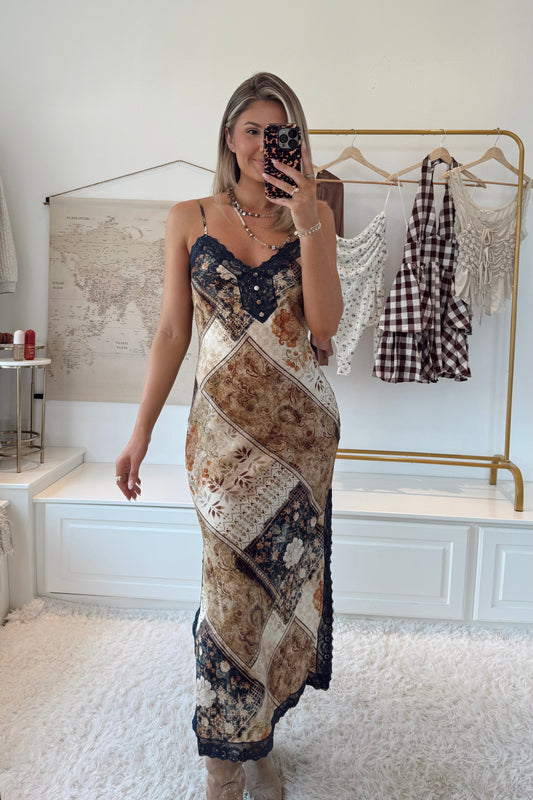 Prairie Dream Slip Dress- Tan/Navy