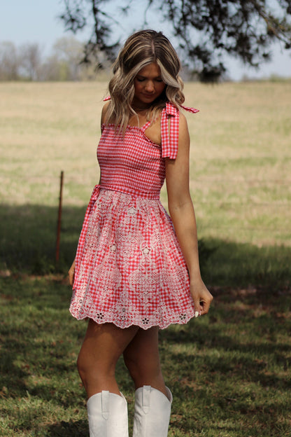 Cherry Blossom Gingham Dress- Red